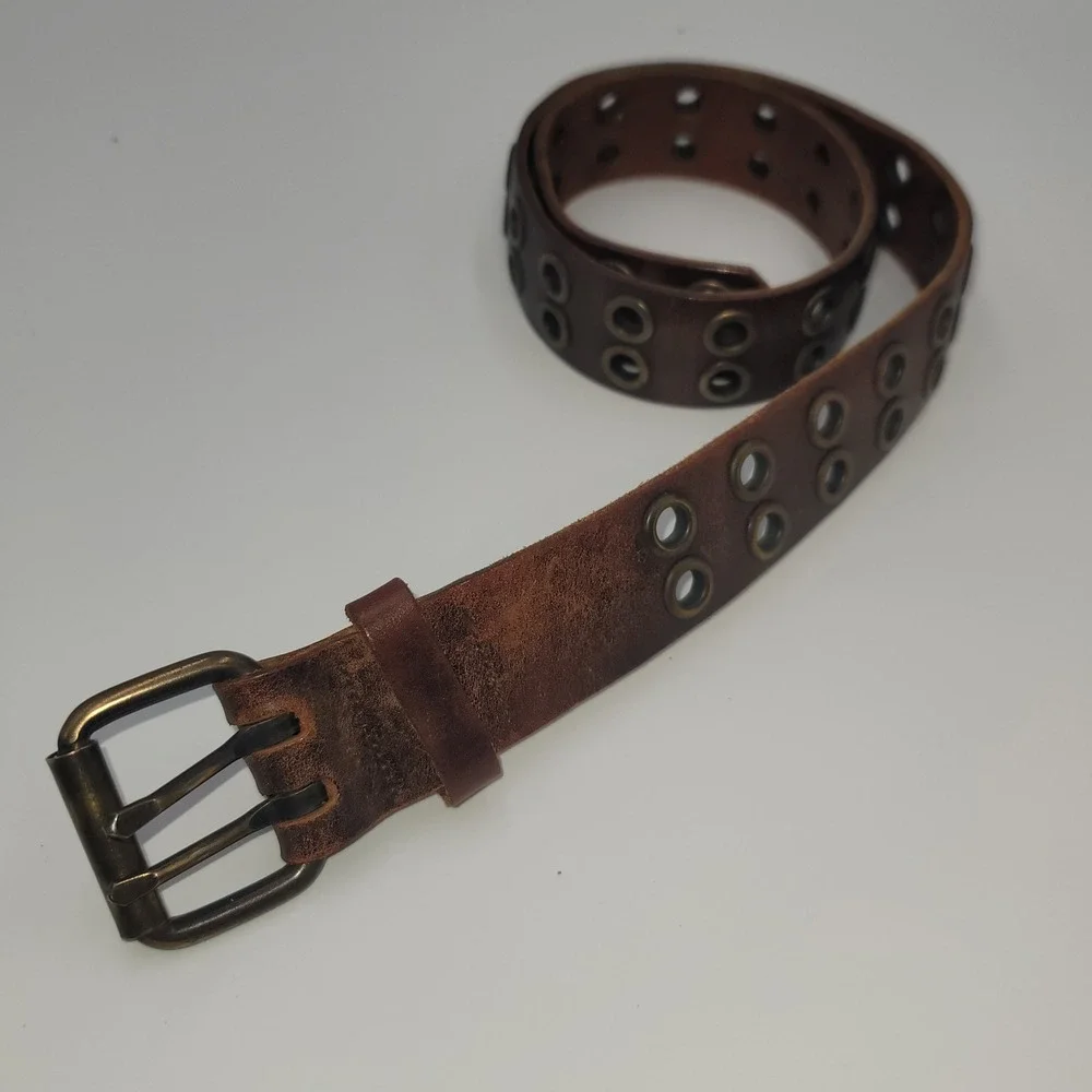 Mens Brown Distressed Leather Double Grunge Punk Style Belt Brass Buckle 38in